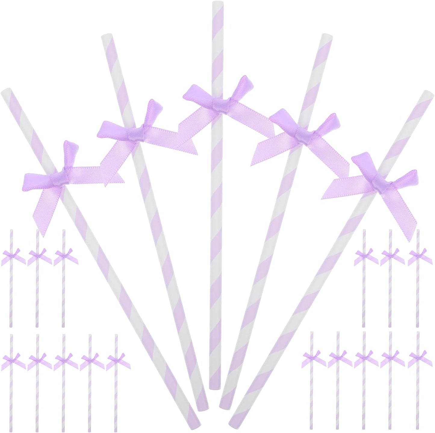 60Pcs Purple Paper Straws with Bow Tie Decorations, Disposable Drinking Straws for Birthday, Wedding, Baby Shower, Party Supplies and Festive Events