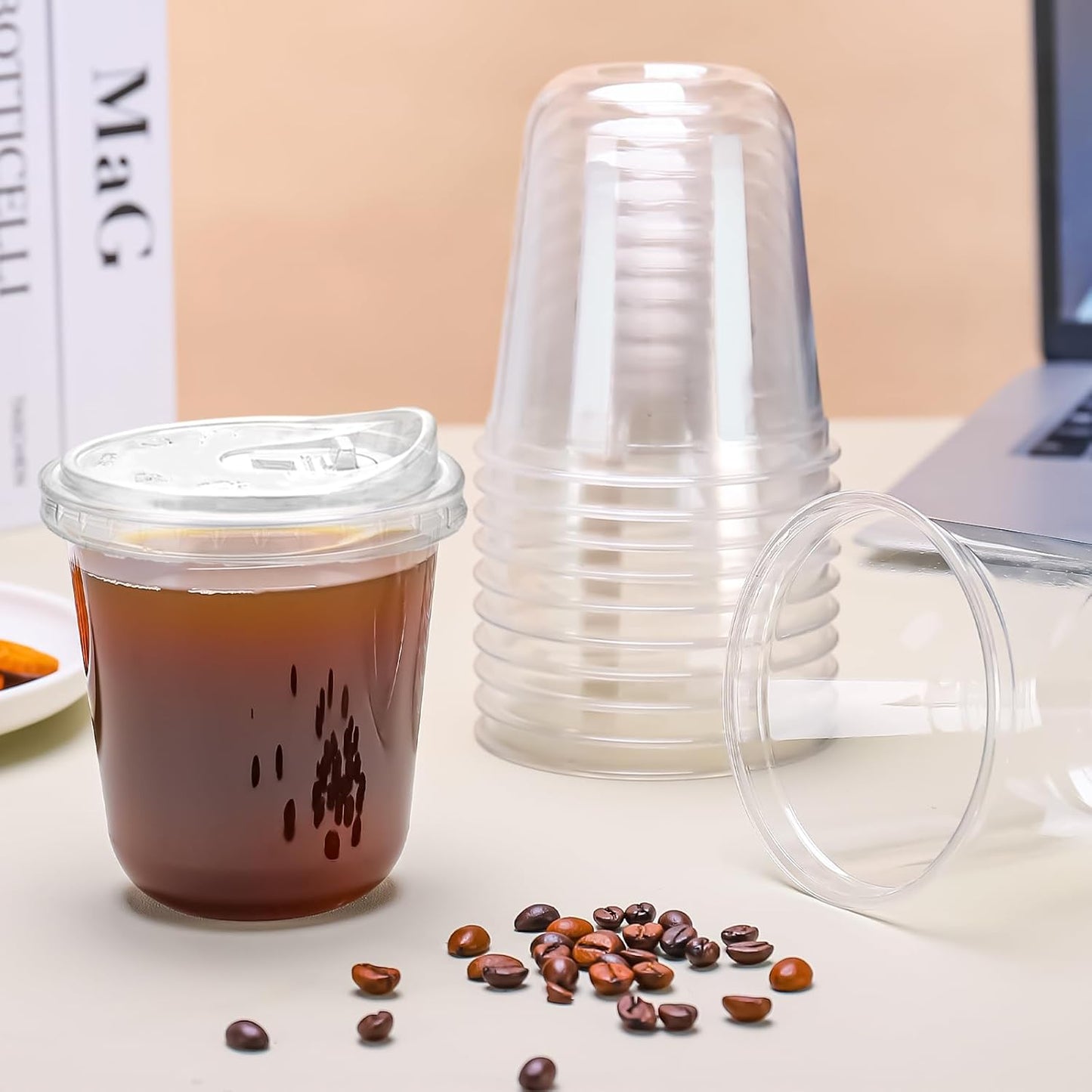 12oz Disposable Stemless Glasses With Strawless Sip Lids,PET Disposable Drinking Cups,Clear Plastic Wine Glasses for Parties Birthday,Wedding,Meeting,Christmas Party Supplies. (50, Transparent)