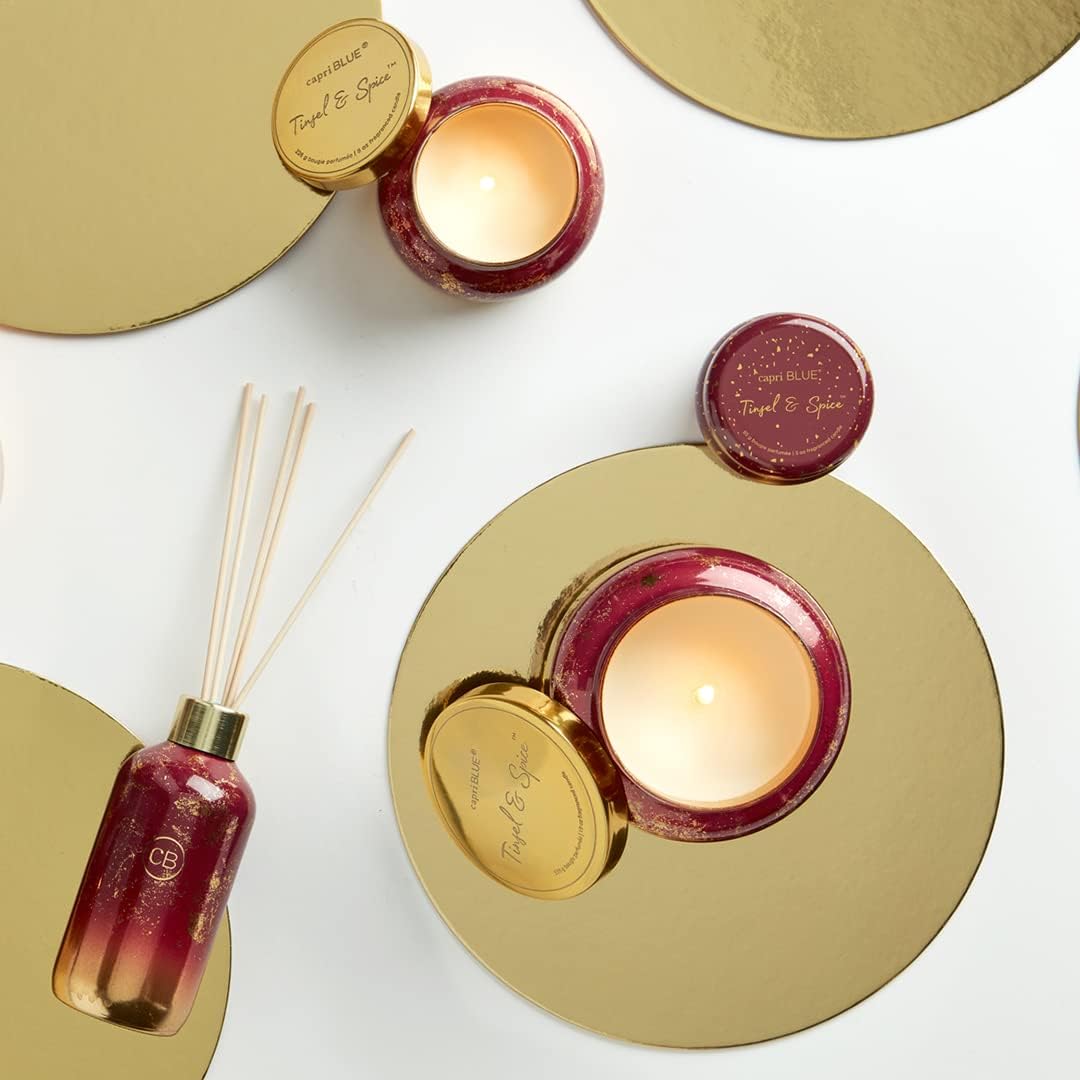 Capri Blue Glimmer Jar Candles - Luxury Holiday Scented Candles for Home - Long Lasting Soy Wax Blend - Scented Holiday & Home Decor - Tinsel & Spice Signature Petite Jar (8 oz)