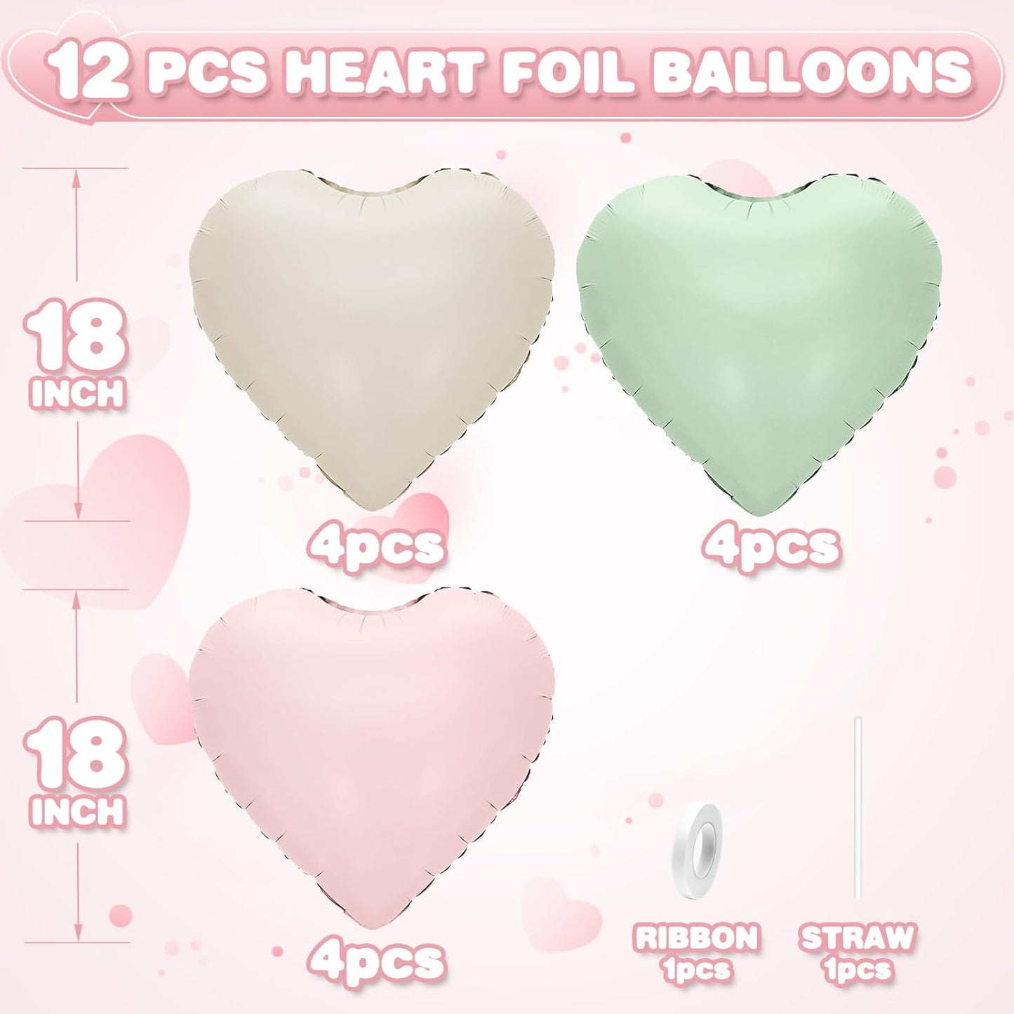 Pink Green White Heart Balloons,12Pcs 18Inch Cream White Baby Pink Sage Green Heart Shaped Foil Helium Balloons for Baby Shower Birthday Anniversary Wedding Engagement Party Decorations