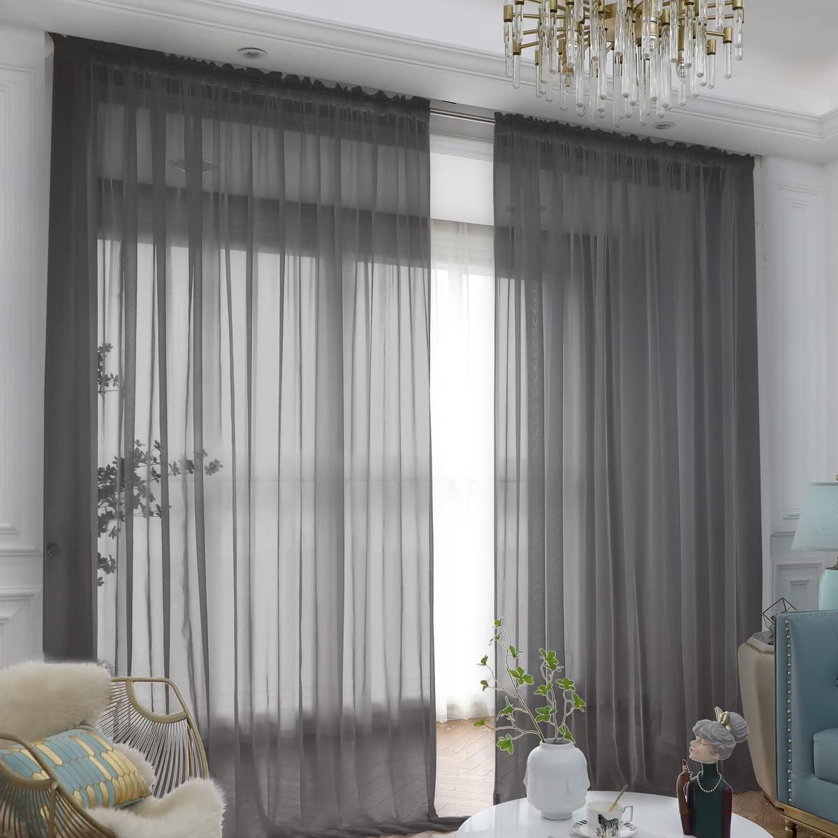Window Dark Gray Sheer Curtains 145 Inches Long 2 Panels Sheer Curtain Basic Rod Pocket Panel for Bedroom Children Living Room Yard Kitchen (Dark Gray, 52" W x 145" L | 2 pcs)