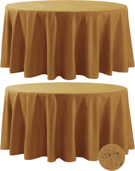 Fokitut 2 Pack Waterproof Round Tablecloth, 132 Inch, Stain Resistant and Wrinkle Polyester Table Cloth, Fabric Table Cover for Kitchen Dining, Wedding, Party, Holiday Dinner-Gold