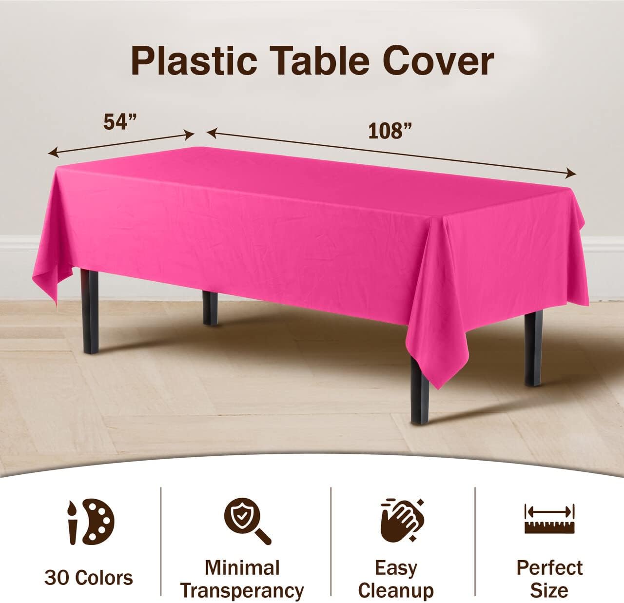 Exquisite 12-Pack Premium Plastic Tablecloth 54in. x 108in. Rectangle Table Cover - Cerise