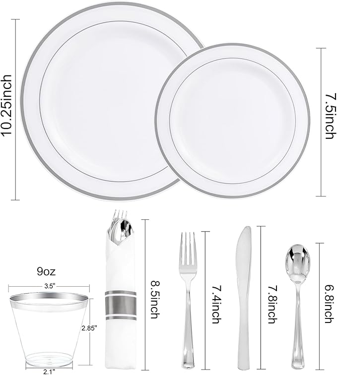 WELLIFE 350Pcs Silver Plastic Plates for 50 Guests - Disposable Dinnerware Set, Christmas Party Supplies Includes 100 Silver plates,150 Silverware,50 Napkins,50 Cups,Christmas Plates Disposable