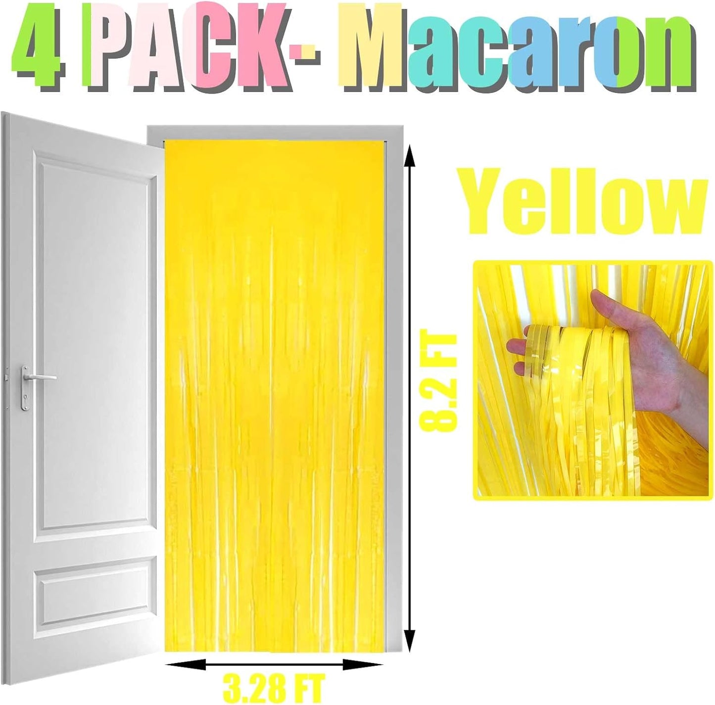 4 Pack Macaron Yellow Tinsel Foil Fringe Curtain Backdrop, 3.28Ft x 8.2Ft Metallic Streamers Props Wedding Bridal Shower Party Decoration, One Size, (Yellow 8.2Ft)