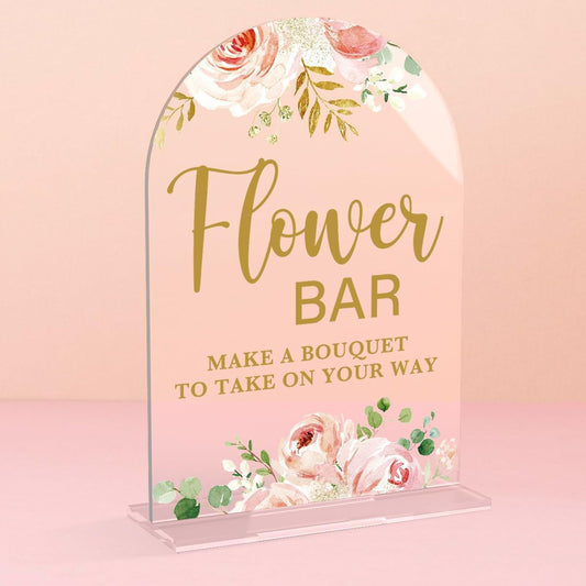 Acrylic Wedding Signs, Flower Bar Desk Decor, Flower Bar Signs for Ceremony, Modern Calligraphy Arch Acrylic Table Top Sign for Wedding Reception and Engagement Parties (Clear Pink Flowers)