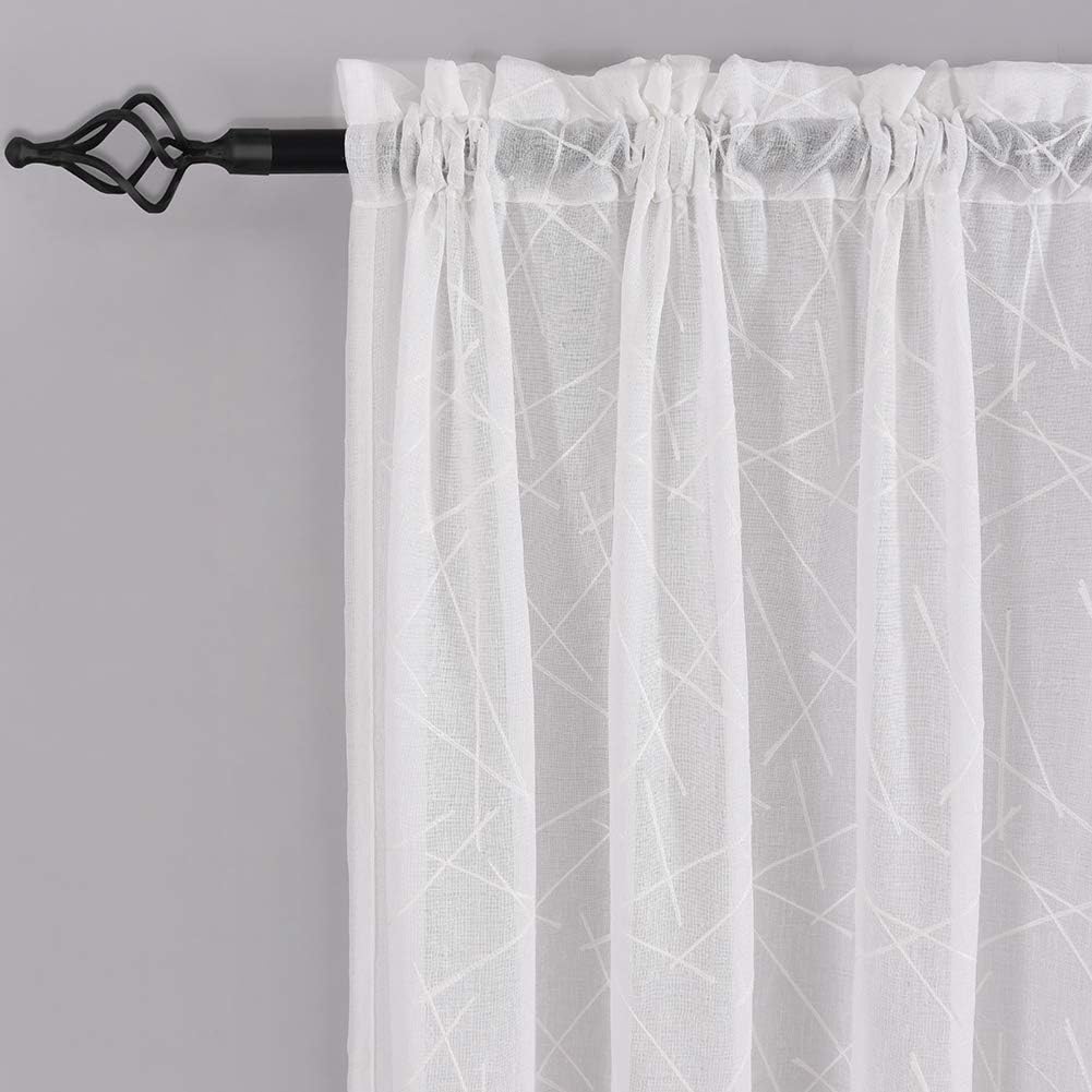 White Sheer Curtains 45 Inch Length, Modern Geometric Embroidery Sheer Rod Pocket Voile Drapes for Living room, Bedroom, Window Treatments Semi Curtain Panels for Villa, Set of 2, 52"x 45".