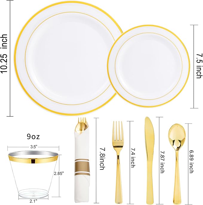 WELLIFE 700 Pcs Gold Plastic Plates for 100 Guests - Disposable Dinnerware Set,Party Supplies Includes 200 Gold Plates,300 Plastic Silverware,100 Napkins,100 Cups for Party and Wedding