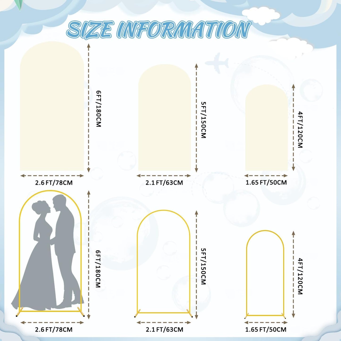 FOTSHARER Wedding Arch Backdrop Stand and Cover Set of 3 Metal Balloon Arch Stand with Ivory Arch Cover 6FT, 5FT, 4FT Arch Backdrop Stand for Party Birthday Anniversary Arched Background Decorations