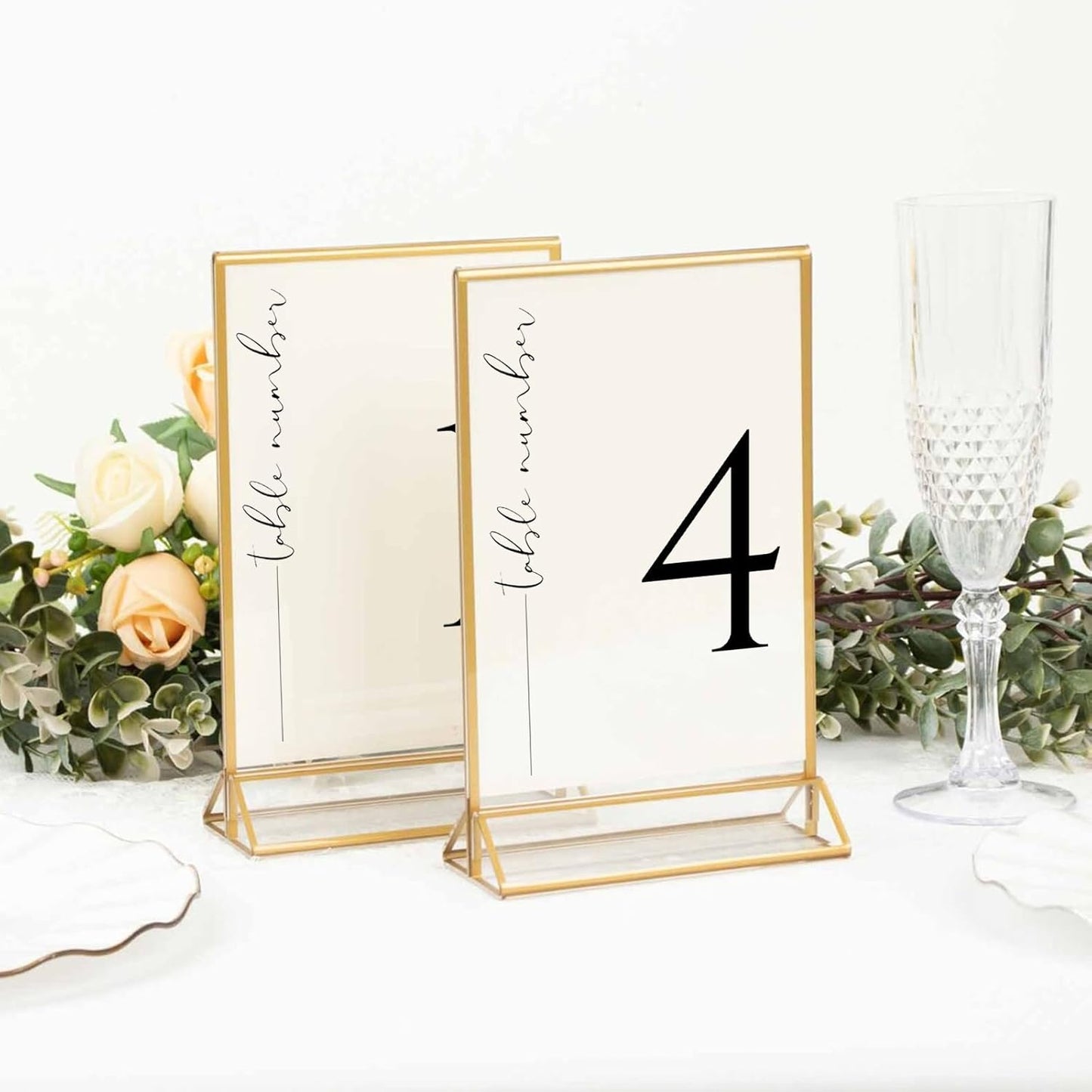 HOODO 8 Pack 4x6 Acrylic Table Number Holders with Golden Border, Double-Sided Clear Acrylic Sign Holder Gold Picture Frames Sign Holder, Vertical Stand (4"x6"-8 Pack)