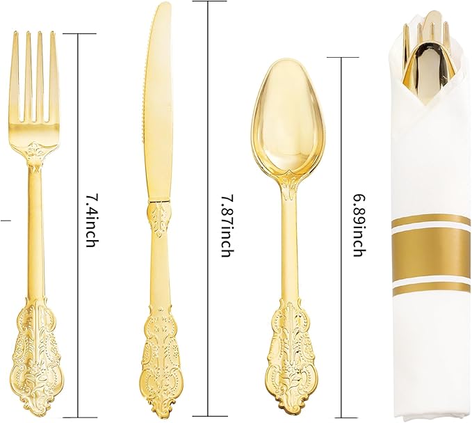 Nervure 400PCS Pre Rolled Gold Plastic Silverware Sets - Heavy Duty Fancy Gold Cutlery - Include 100 Pack Wrapped Disposable Utensils with Napkins for Parties, Dinners & Weddings