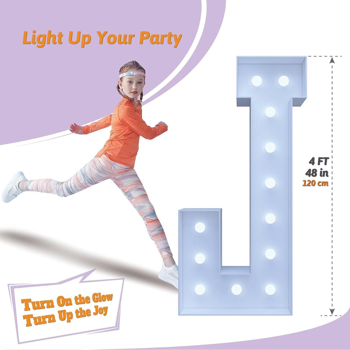 4FT Marquee Light Up Letters J – Cool White LED, Easy to Assemble Foam Board with Back Support, Large Marquee Light Up Letters for Birthday, Wedding, Party, Anniversary, Baby Shower Decor