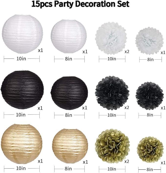 Black Gold Party Decorations, Black Gold Paper Lanterns and Pom Poms Flowers for Birthday Graduation Masquerade New Years Party Decor 15 Pieces