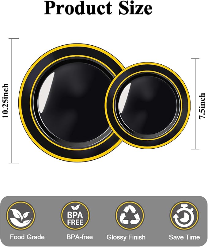 BESTSTAR 100PCS Black Plastic Plates Set with Gold Rim, 50 10.25 inch Dinner Plates and 50 7.5 inch Dessert Plates, Premium Disposable Plates forfor Party, Wedding, Holiday,And Halloween