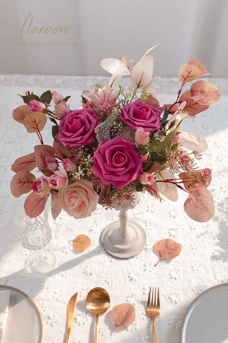 Floroom Artificial Flowers 25pcs Real Looking Hot Pink Foam Fake Roses with Stems for DIY Wedding Bouquets Bridal Shower Centerpieces Floral Arrangements Party Tables Home Decorations