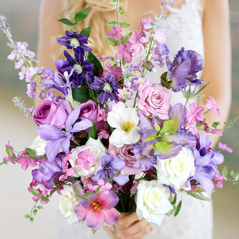 Artificial Flowers Bouquets for Bridal Wedding Home Decor Fake Floral Arrangements for Party Table Centerpieces DIY Silk Flower Set Spring Summer Indoor Outdoor (Combo Purple/White)