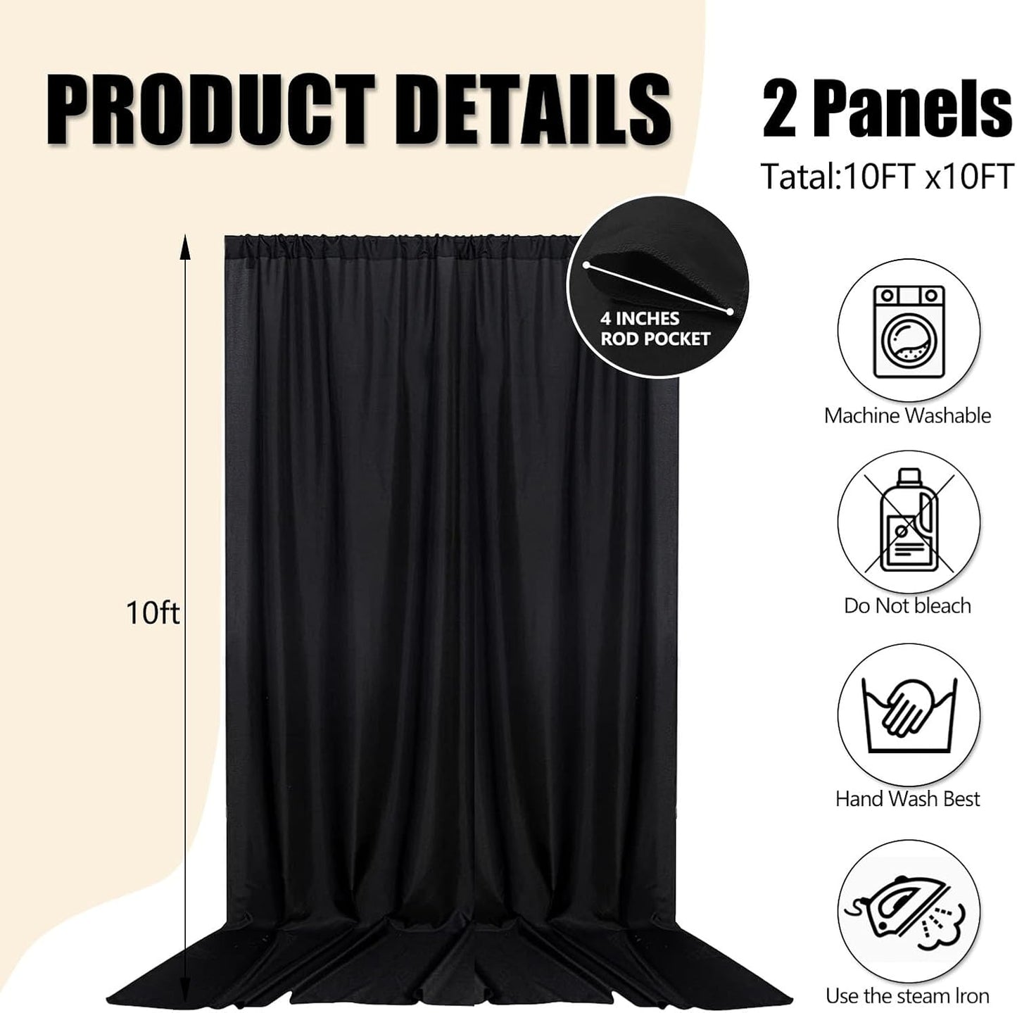 10ft x 10ft Black Backdrop Curtains for Parties, Fabric Satin Background Curtain with Rod Pockets for Weddings, Birthday, Baby Shower, Photography, Graduation Party Backdrop Drapes, 2 Panels