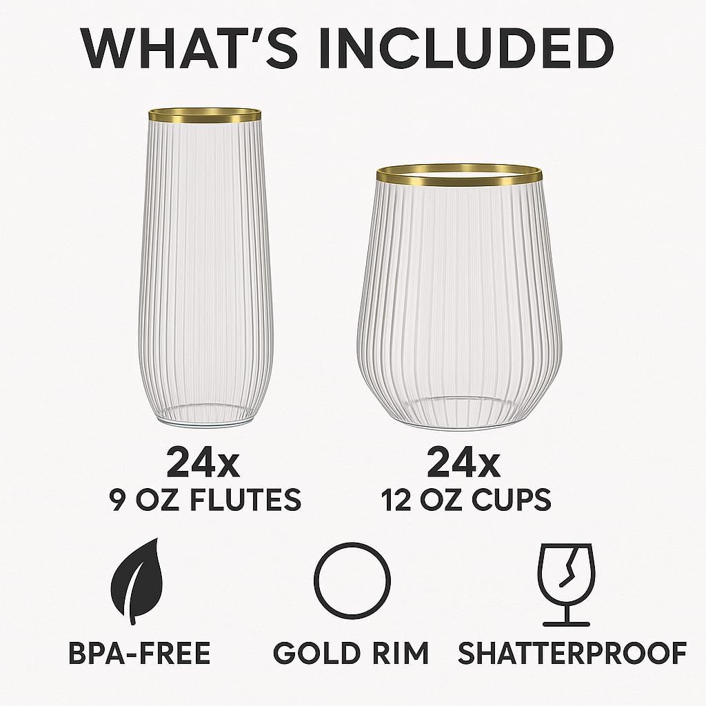 48 Pack Ribbed Origami Ripple Plastic Glasses, 24 9 Ounce Stemless Champagne Flutes & 24 12 Ounce Cups, BPA-Free Disposable Shatterproof Toasting Glasses for Weddings, Bars, and Events (Gold Rim)