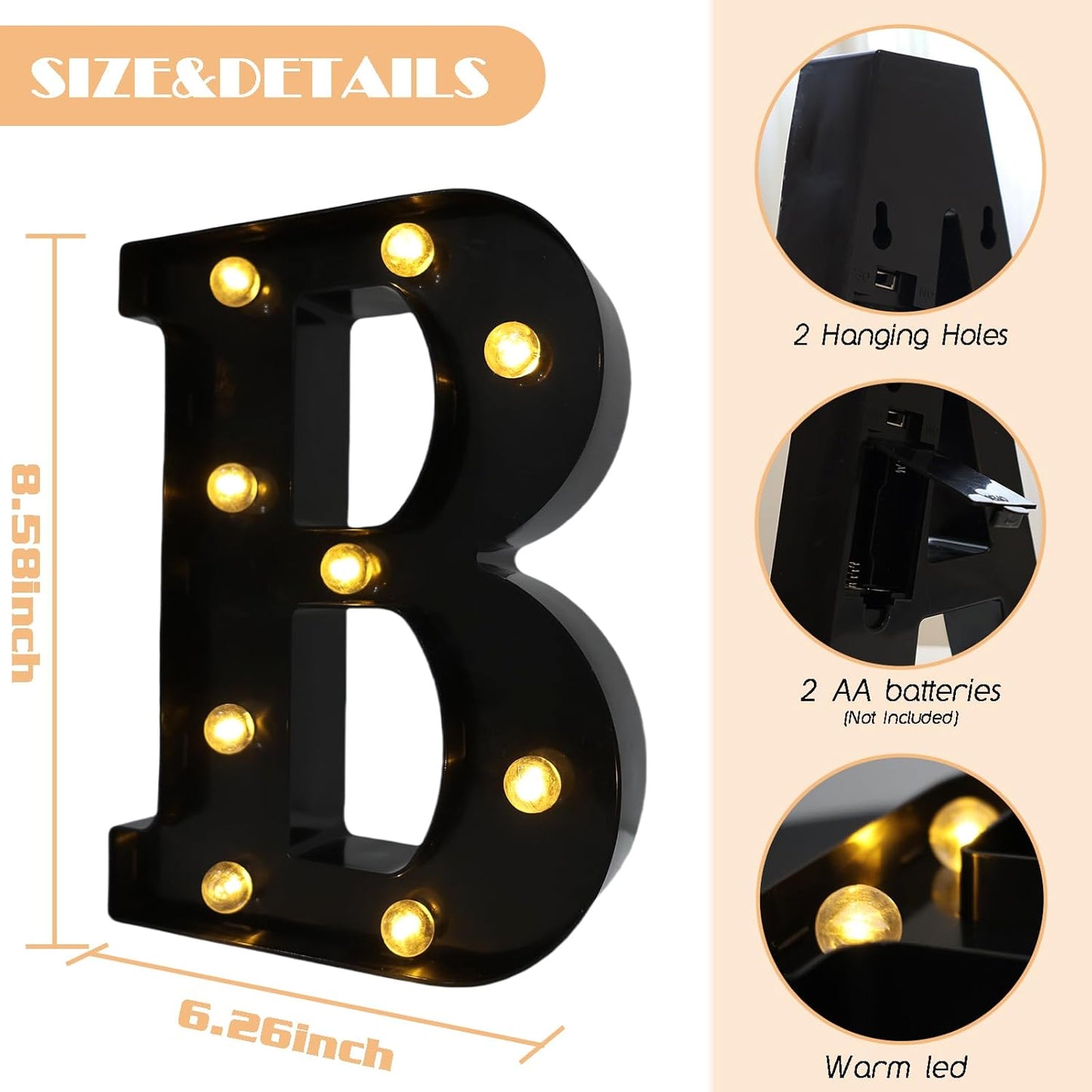 Led Marquee Letters, 8.58 Inch Black Light Up Letters, Small Led Letter Lights, Battery Powered Lighted Letterfor Table, Party, Birthday, Christmas Decor (Black, Letter B)