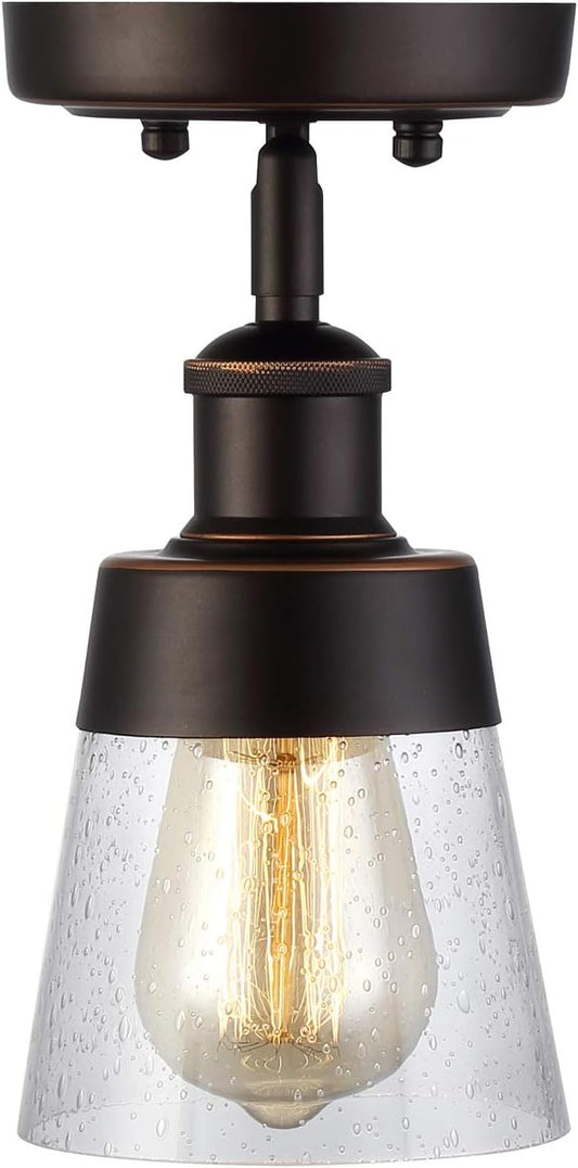 Rustic Glass Flush Mount Light Fixture Mini Clear Seeded Glass Shade Semi Flush Mount Ceiling Light for Hallway Farmhouse Kitchen Entryway, Oil Rubbed Bronze