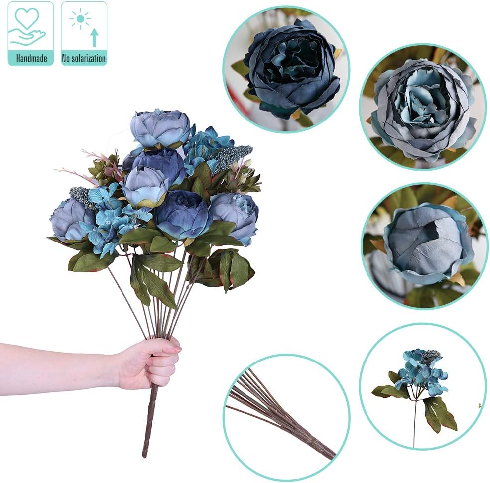 Kimura's Cabin Fake Peonies 2Bouquets Faux Silk Flower Vintage Artificial Peony Face Flowers Arrangement Bouquets for Home Table Centerpieces Wedding Party Decoration (Deep Lake Blue)