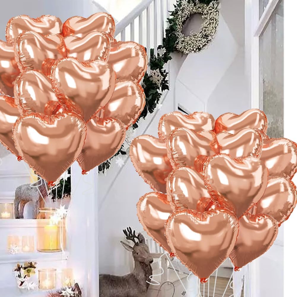 Rose Gold Heart Balloons，18 Inch Foil Mylar Love Heart Shaped Balloons for Anniversary Wedding Engagement Celebration Birthday Party Baby Shower Valentines Decorations(12Pcs)