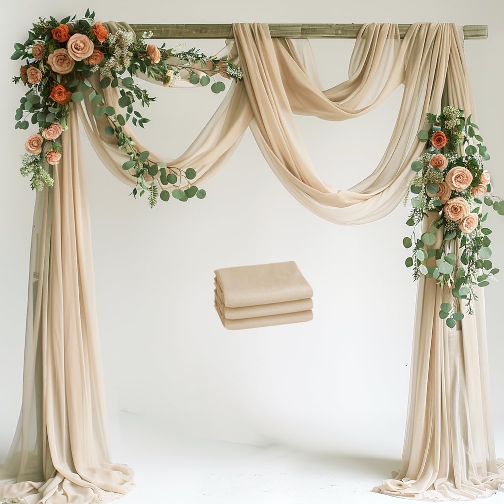 Wedding Arch Draping Fabric 3 Panels 28.7" x 20FT Champagne Sheer Chiffon Backdrop Drapes for Wedding Ceremony Birthday Party Bridal Shower Outdoor Decoration