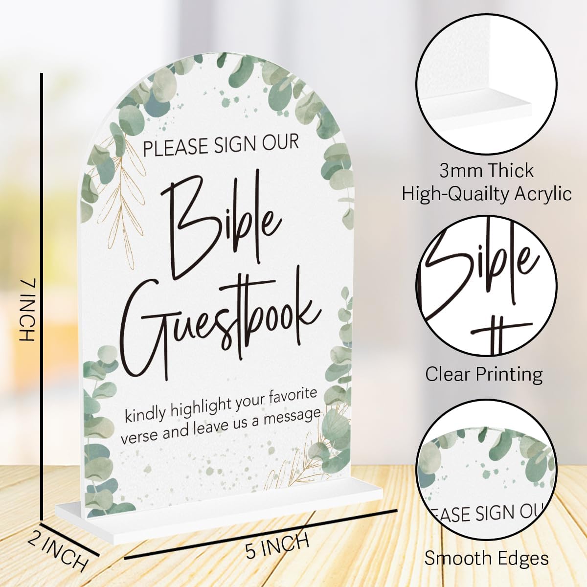 Boho Wedding Bible Guest Book Sign Our Bible Wedding Sign Acrylic Arch Wedding Bridal Baby Shower Welcome Table Signs for Ceremony and Reception Decor 7 x 5 Inches