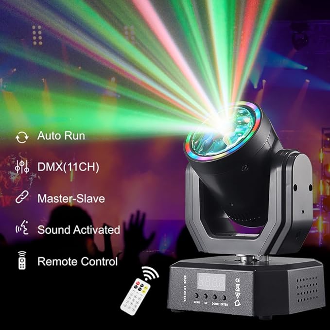 Mini Moving Head Light, 30W Compact Led DJ Stage Lights Moving Head Beam Spot with Halo Effects, Remote/ DMX512/ Sound Control for Wedding DJ Party Disco Club Small Venues