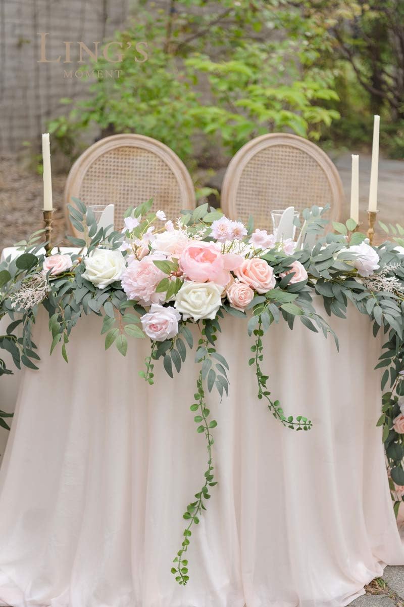 Ling's Moment 9FT Flower Garland for Backdrop Decorations - Wedding Arch Flowers, Eucalyptus & Rose, Artificial Floral Garland for Mantle - Sweetheart Table Decor for Ceremony Reception, French Pink