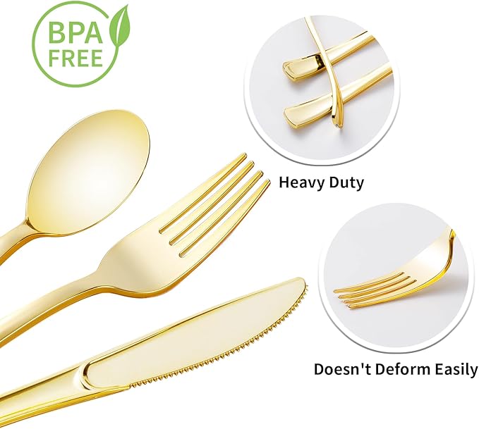 Goodluck 100 Pack Pre Rolled Gold Plastic Silverware, Wrapped Plastic Cutlery Set with Napkin Include 100 Forks, 100 Knives, 100 Spoons and 100 Napkins, Disposable Silverware for Party, Wedding