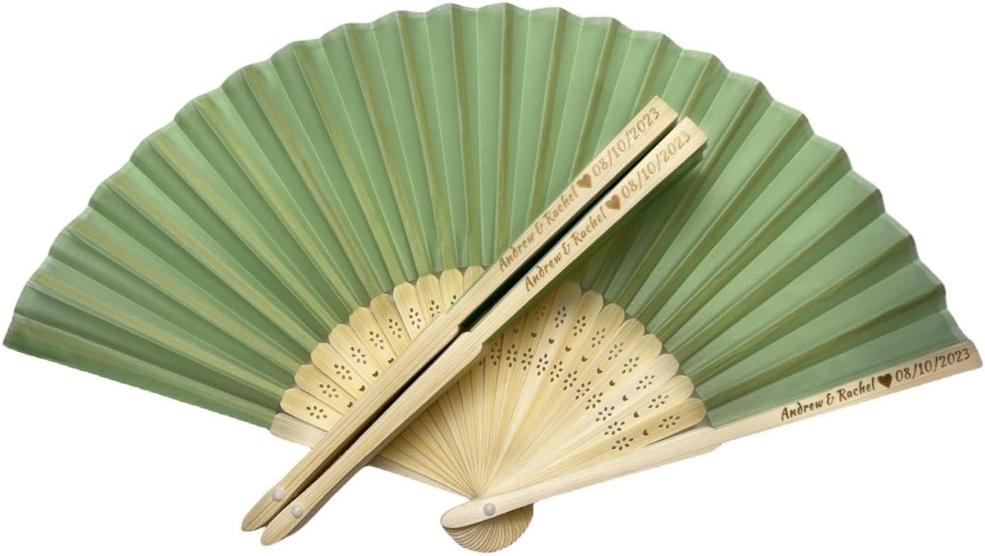 Personalized Wedding Fans Handheld Folding Fans (150Pcs) - Custom Engraved Green Silk Fans for Bridal Shower Favor/Baby Shower Favor, Birthdays Party Gifts/Gifts for Party Guests