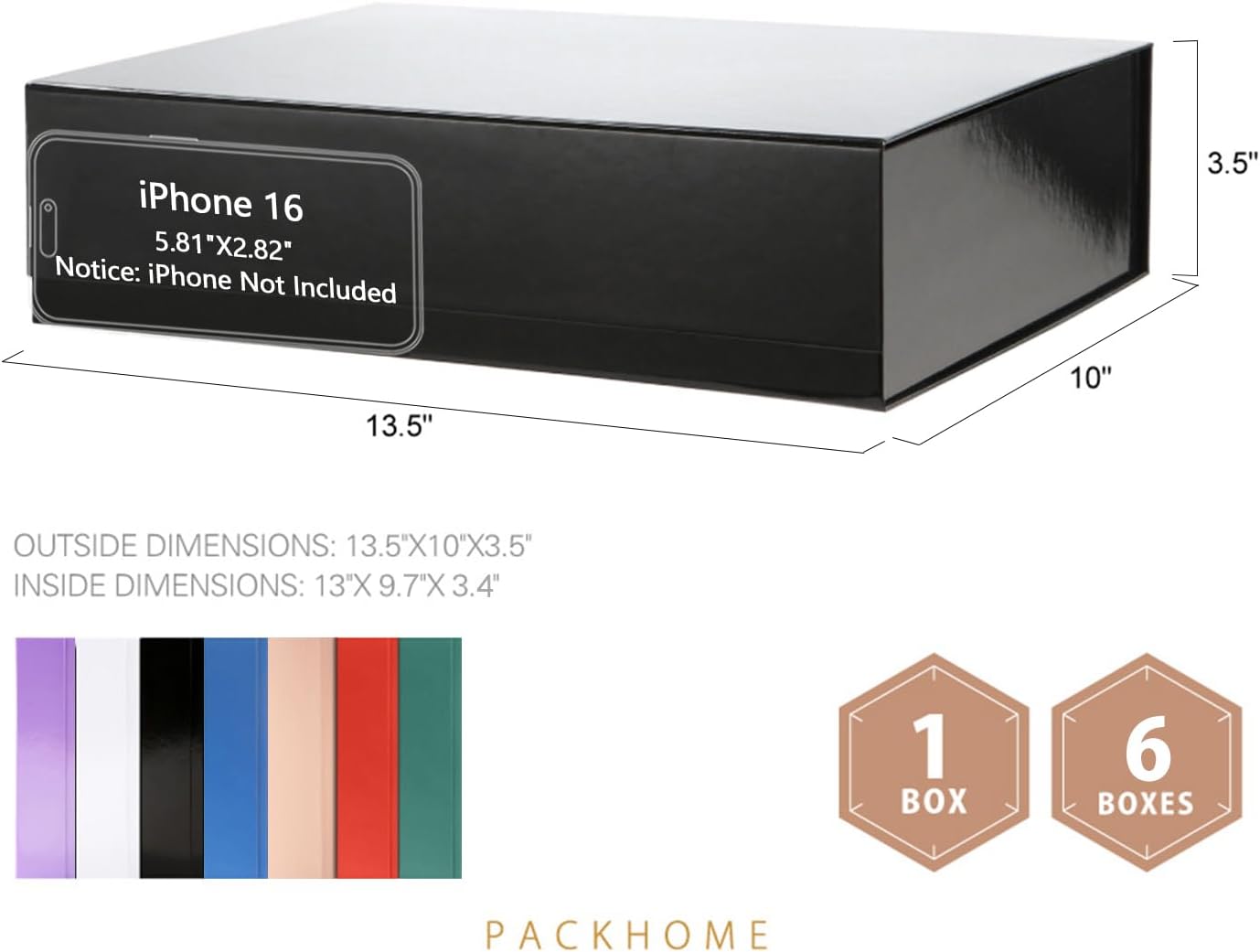 PACKHOME 6 Large Gift Boxes 13.5x10x3.5 Inches, Sturdy Shirt Boxes with Magnetic Lids for Multiple Occasions (Glossy Black)