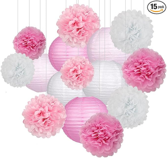 15Pcs Party Pack Paper Lanterns and Pom Pom Balls Hanging Decoration for Wedding Birthday Baby Shower-Pink/White