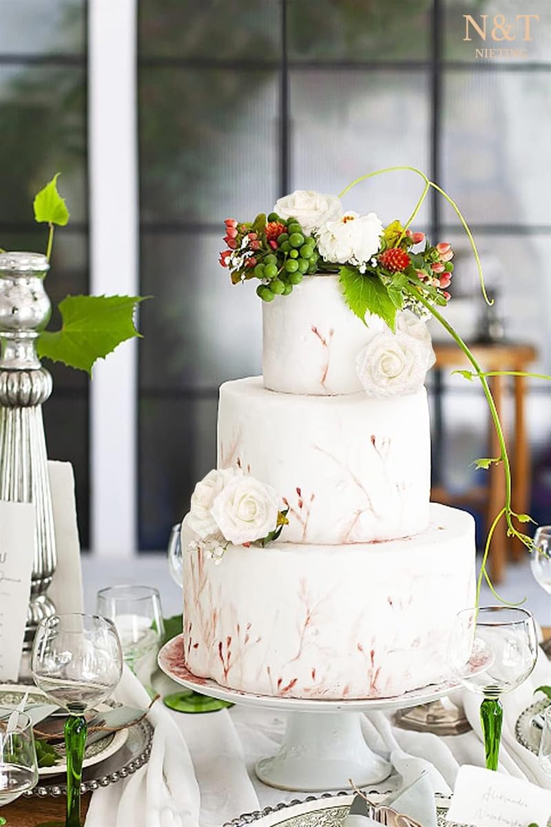 N&T NIETING Artificial Flowers Glowing White Flowers Foam 50pcs Glitter Roses Real Looking Fake Roses with Stem for DIY Wedding Bouquets Centerpieces Bridal Shower Party Home Decorations