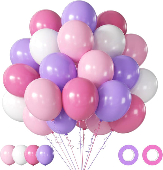 Pink and Purple Balloons Kit, 50PCS 12 Inch Purple Pink White Latex Balloon Birthday Balloons with Pink Purple Balloon Ribbons for Birthday Party Decorations