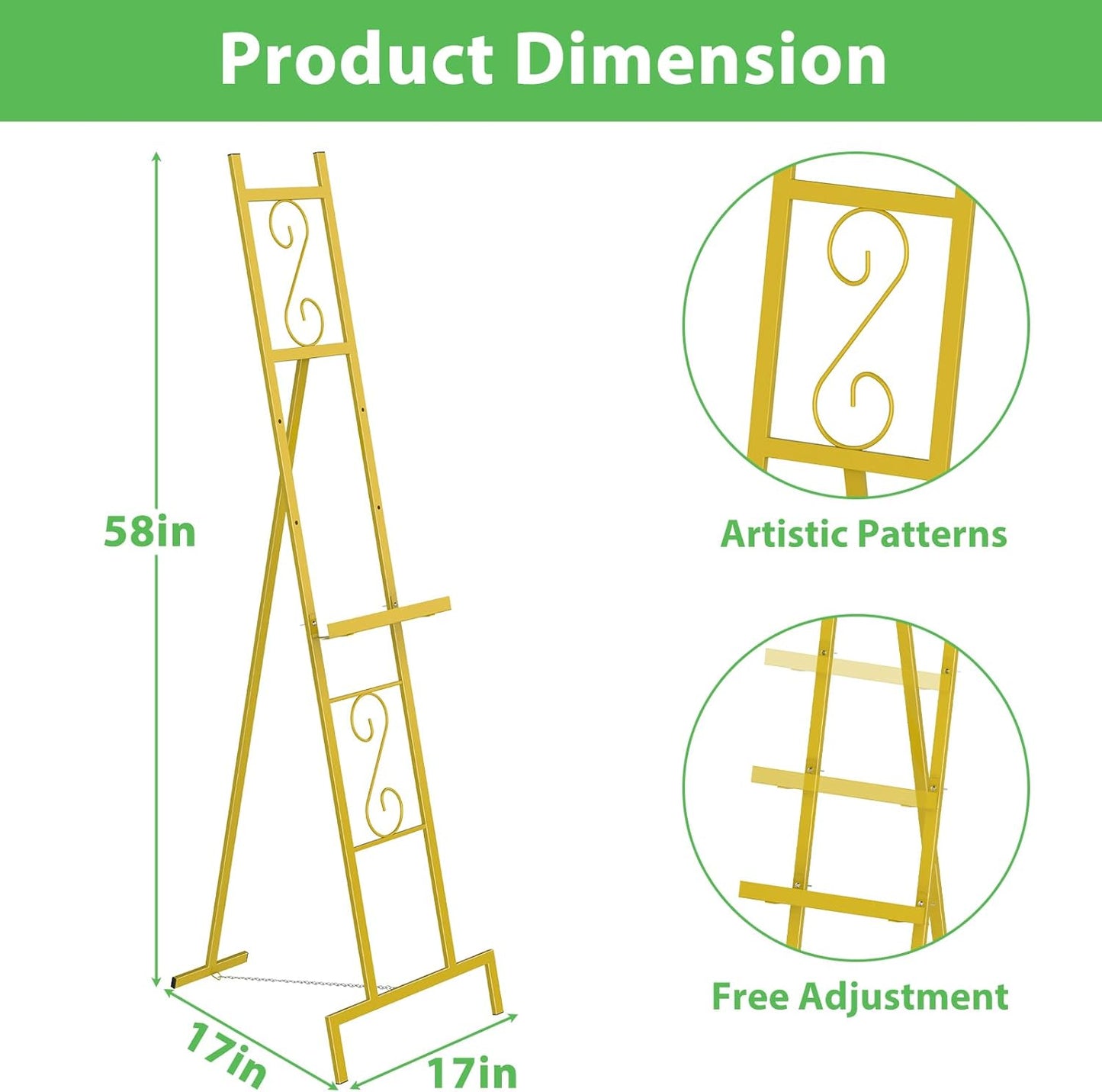 Skcoipsra 2 Pack Gold Easel Stand, 3 Tier Adjustable Larger Wedding Welcome Sign Holder, Art Poster Display Stand Free Standing with Chain, 17x17x58 Inch