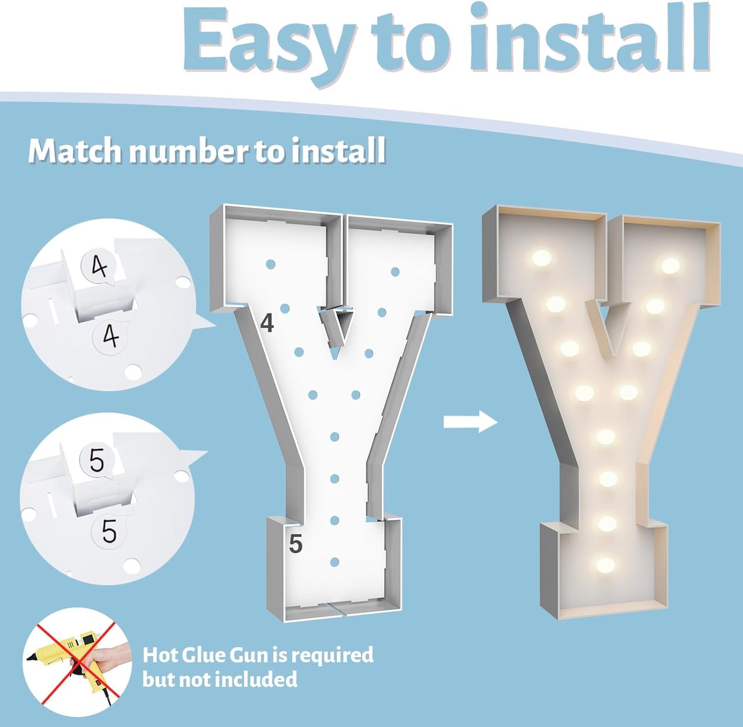 4FT Marquee Light Up Letters Y,Party Decoration Large Marquee Light Up Letters with Weighted Water Bag,Pre-cut Foam Board Set Can Be Used for Birthdays,Weddings,Baby Anniversaries