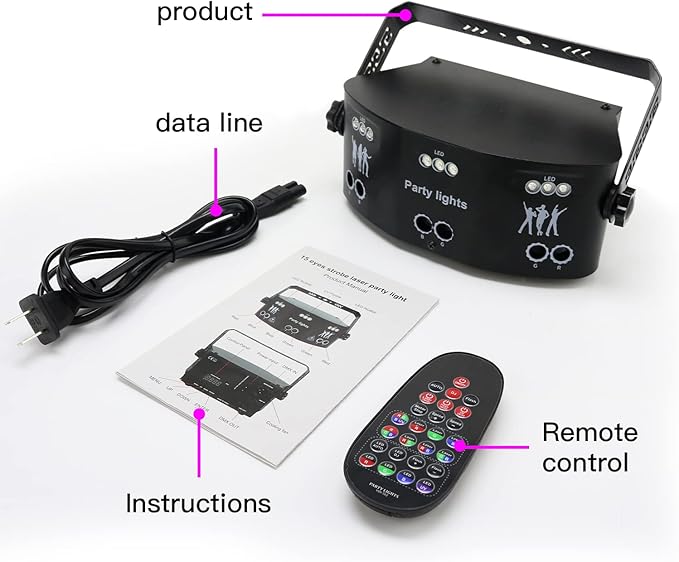 AMKI DJ Disco Lights, 15 Eyes RGB Party Stage Light by DMX512 Control, Sound Activated LED Pattern Strobe Lights for Parties Live Laser Light Show Xmas Club Bar Disco Dancing