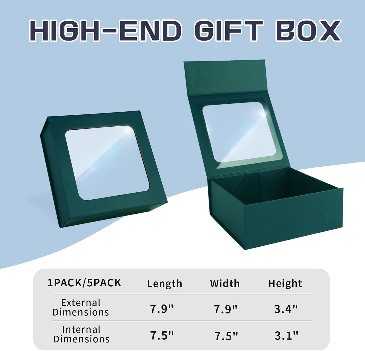 TIACABO Green Gift Box with Window,7.5"x7.5"x3.1" Bridesmaid Boxe for Gifts Giving,Birthday Gift Boxes with Magnetic,Closure Lid Gifts Boxes for Presents,Cute Box,Luxury for Gift Packaging