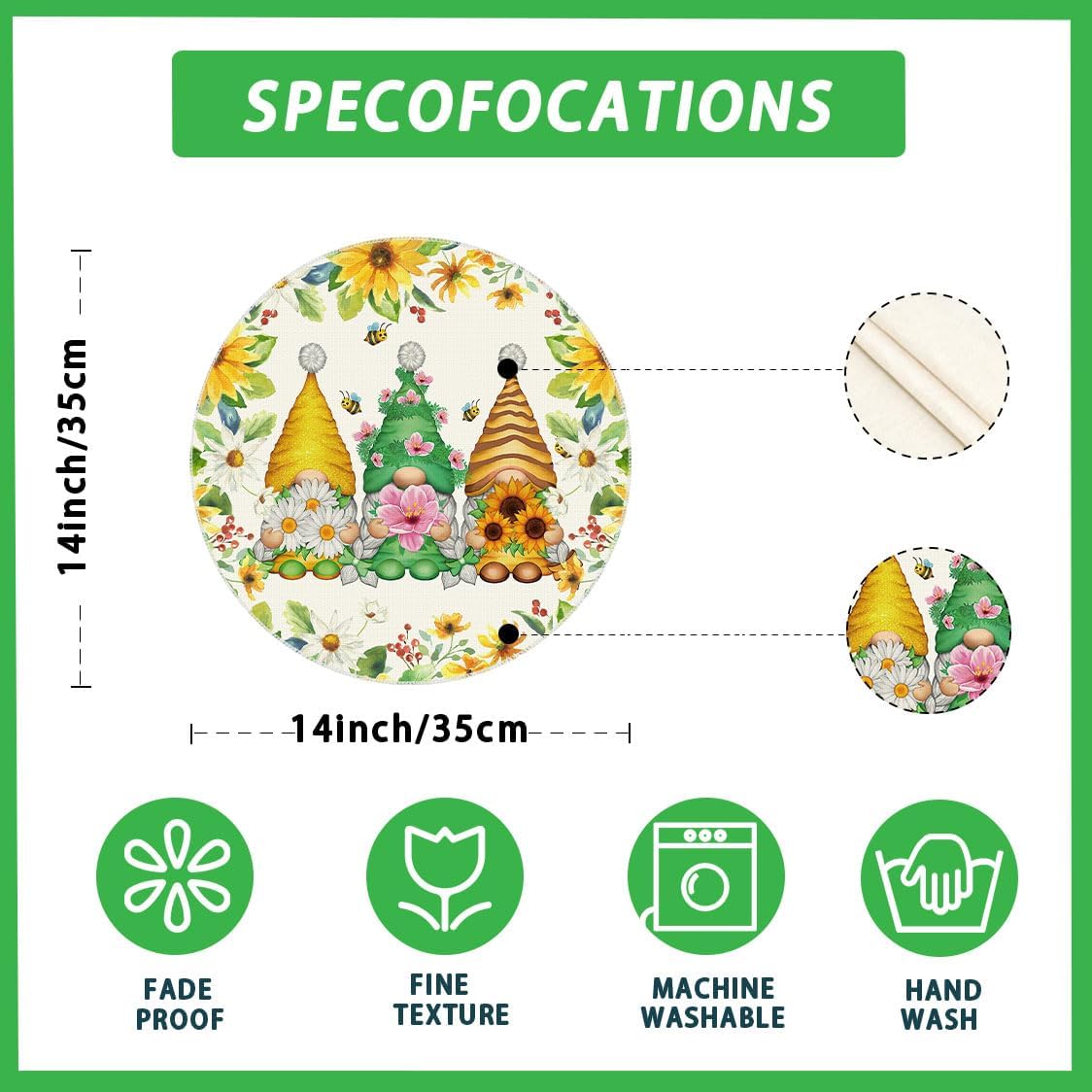 XCHI Daisies Flowers Gnomes Spring Round Placemats Set of 4 Table Mats Summer Seasonal Table Decorations 14x14 Inch