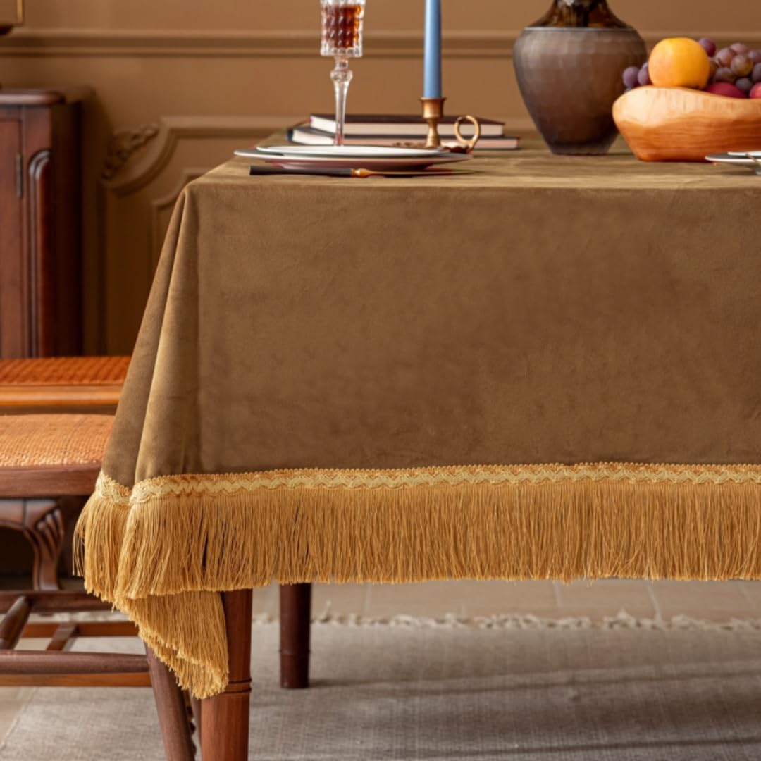 F-CHU Luxury Camel Tablecloth Thickset Velvet Tablecloth with Beautiful Gold Tassels Vintage Table Cloth for Home Decor Wedding, Party, Banquet and Events 60x102-Inch