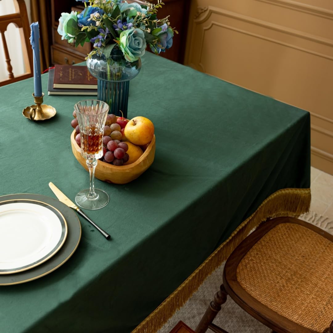 F-CHU Luxury Green Tablecloth Thickset Velvet Tablecloth with Beautiful Gold Tassels Table Cloth for Home Decor Wedding, Party, Banquet and Events 60x86-Inch