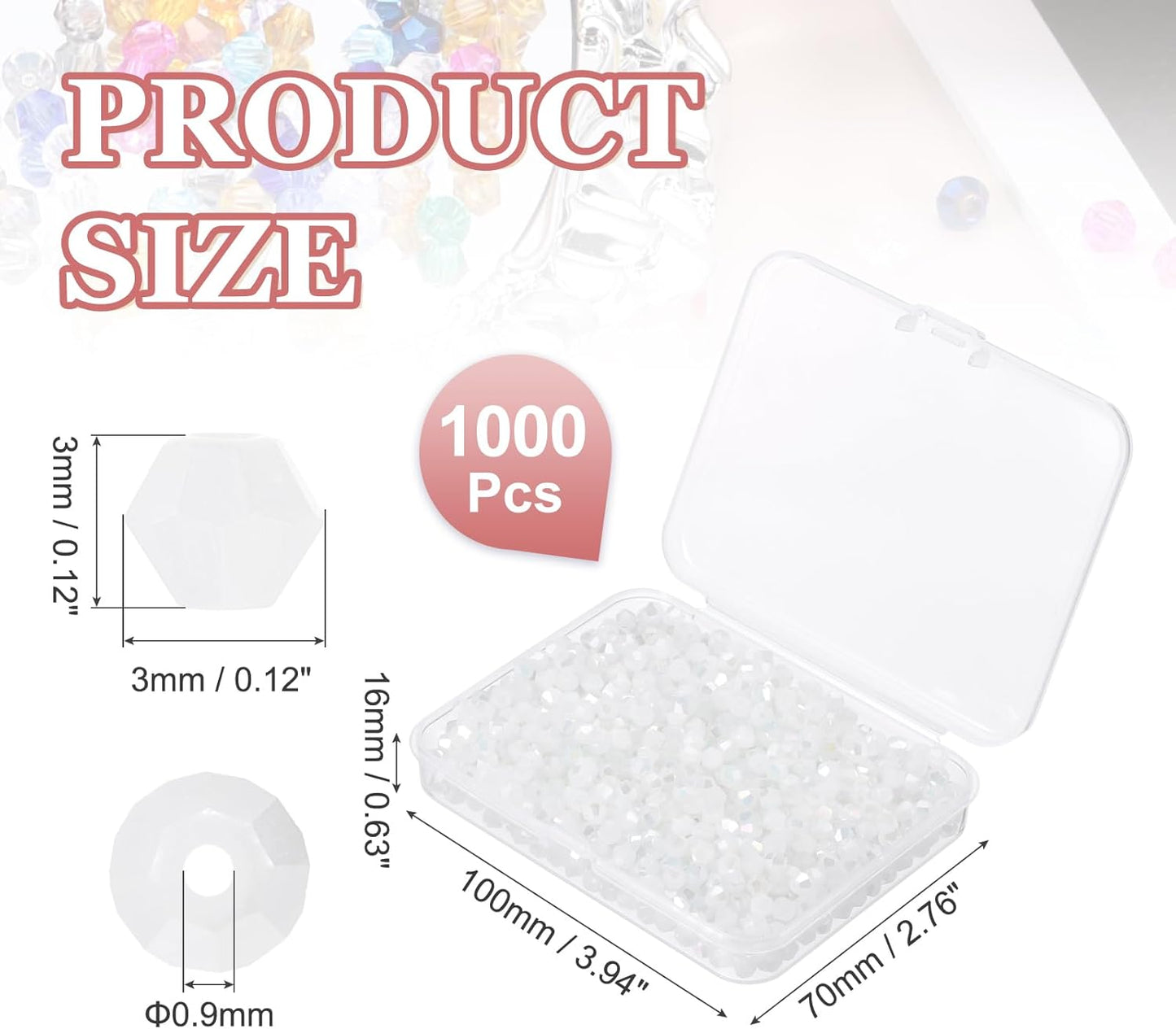 PATIKIL 1000pcs 3mm Bicone Glass Crystal Beads, Faceted Glass Spacer Beads with Box for Jewelry Making Bracelet Necklace Earrings DIY Suncatcher Craft, Pure White AB