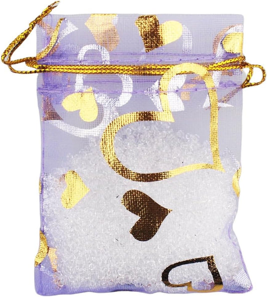 QIANHAILIZZ 100 Pack 2.8 x 3.5 Inch Flower Heart Organza Jewelry Gift Pouch Candy Pouch Drawstring Wedding Favor Bags B511S (lilac gold heart)