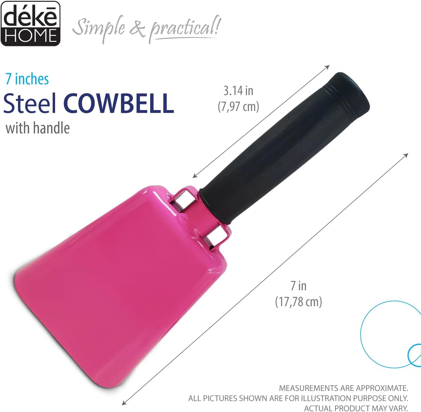 Deke Home - 2 Pack 7 Inch Steel Cowbells with Handle, Loud Noise Makers for Football, Sports, Parties, Competitions, School Spirit & Safety, Large Hand Bell for Cheering & Percussion Instrument