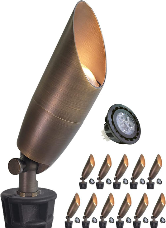 MALORY Solid Brass Landscape Spotlight 12-Pack with Bulb(S06), Low Voltage Front and Backyard Landscape Lighting with Large Rugged Slot Spike & Wire Connector,12V AC/DC Garden Patio Spot Up Light