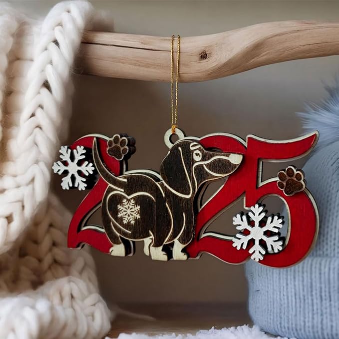 Black Dachshund 2025 Christmas Ornament – Cute Wooden Dog Tree Decoration with Snowflakes & Paw Prints for Dachshund Lovers, Pet Owner Christmas Décor