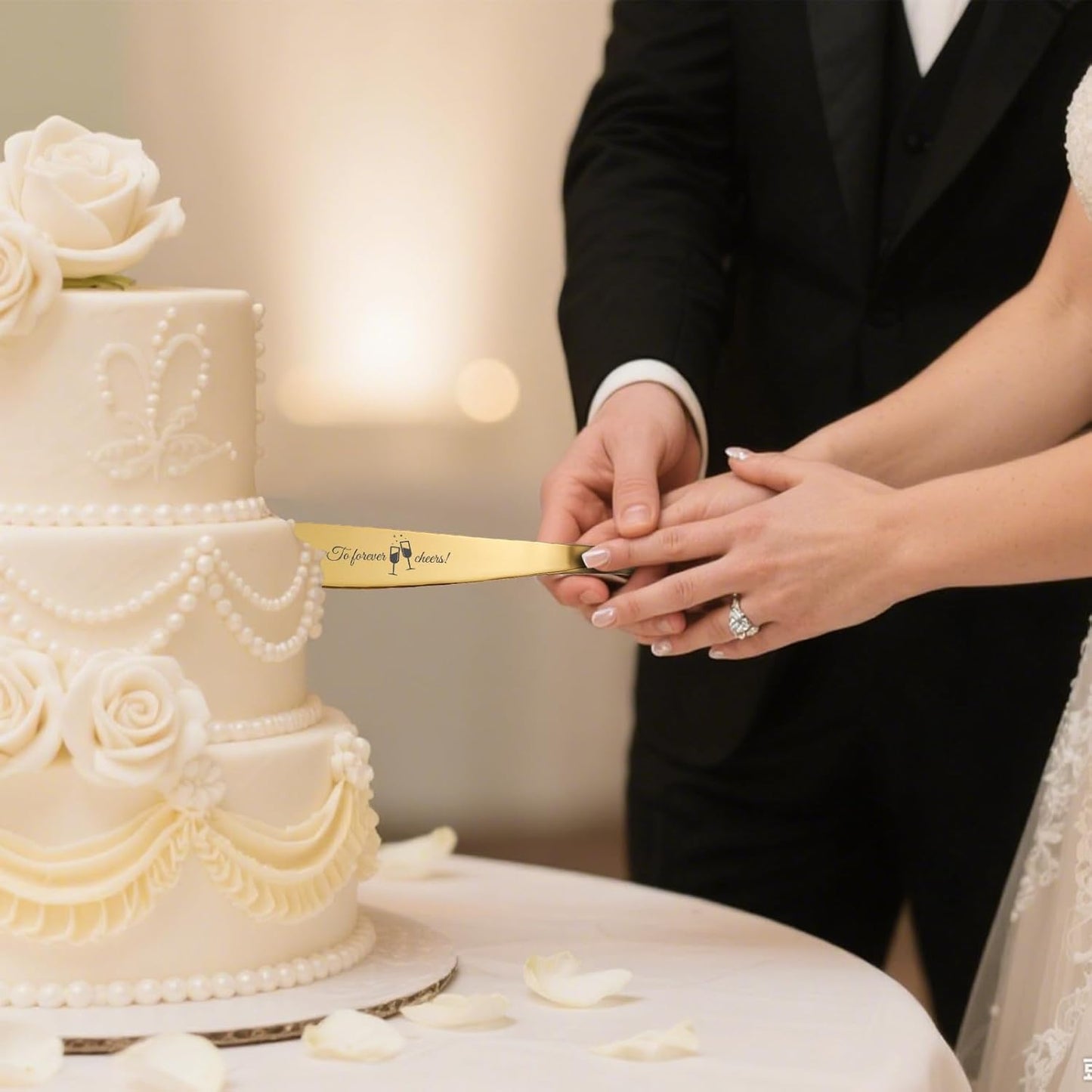 Personalized 4 Piece Wedding Cake Cutting Set, Custom Names Cake Knife and Server set with Forks, Anniversary Birthday Bridal Wedding Registry Gifts (Gold)