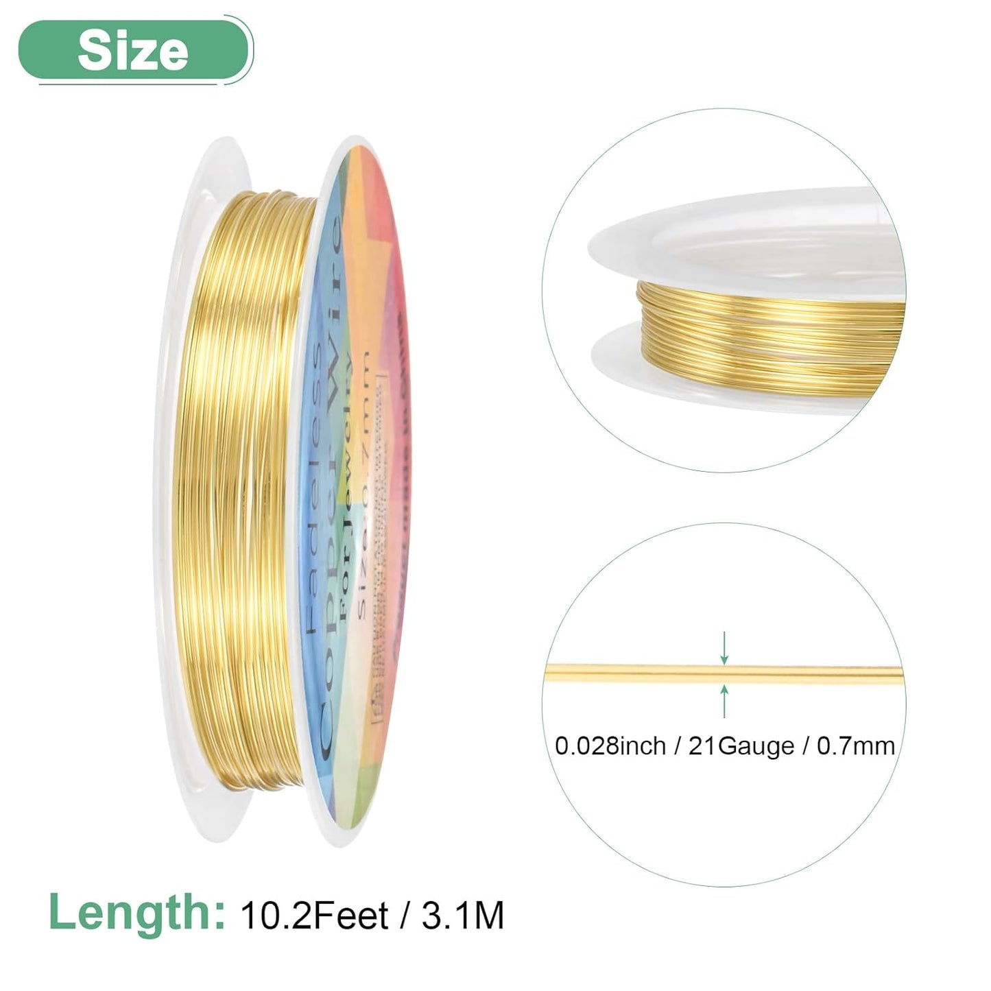 0.7 mm/21 Gauge Copper Wire for Jewelry Making, 10.2FT Copper Beading Craft Wire for Jewelry/Weaving/DIY Crafting/Planting, Color-Retaining [3.1M, KC-Gold]